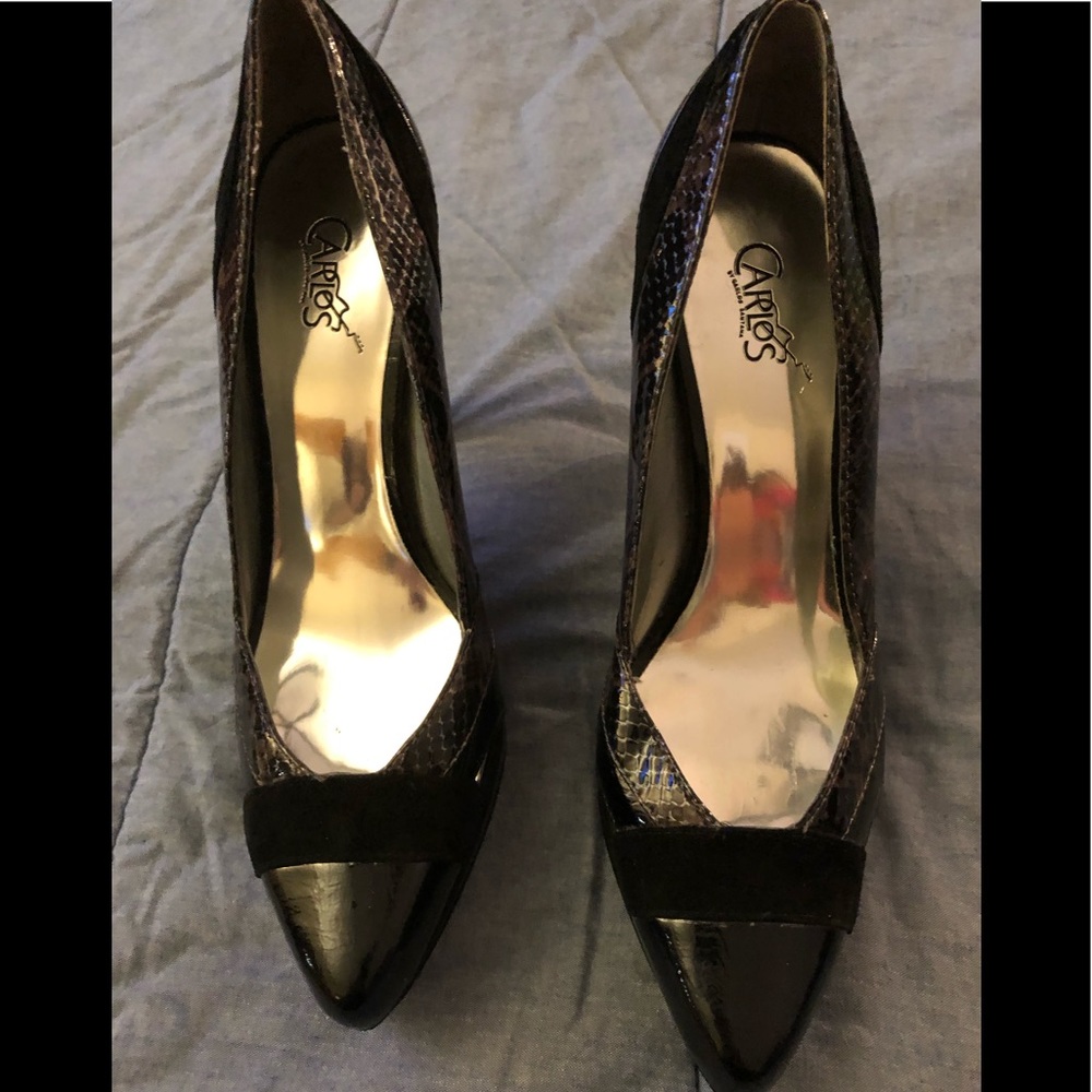 Carlos 8.5 black snakeskin & velvet platform heels